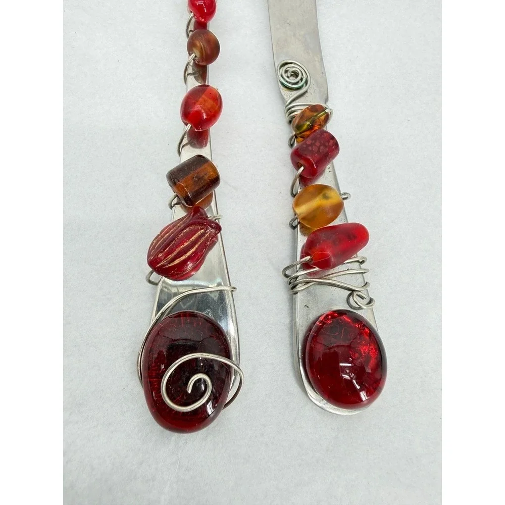 Wire Wrapped Beaded Fork & Knife Appetizer Flatware Set Red Elegant Tableware